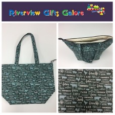 Large Tote Bag With Zip - Farm Sweet Farm - Teal Large Tote Bag With Zip - Farm Sweet Farm - Teal